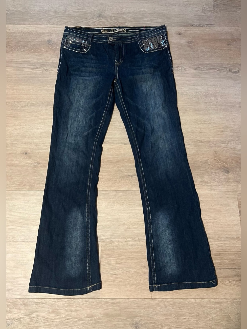 Wallflower Dark Blue Flare Jeans with Sequin Pocket Trim